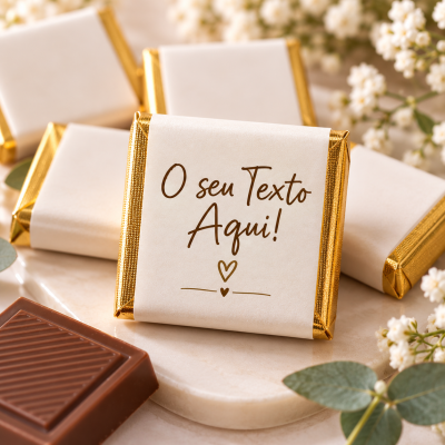 Quadros de chocolate embrulhados em papel branco com detalhes dourados e etiqueta personalizada