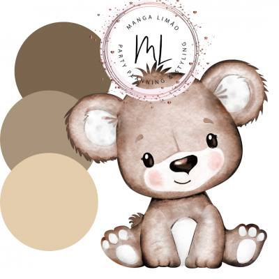 Ursinho castanho claro com bochechas rosadas e círculos de cores neutras com texto MANGA LIMÃO PARTY PLANNING STYLING.