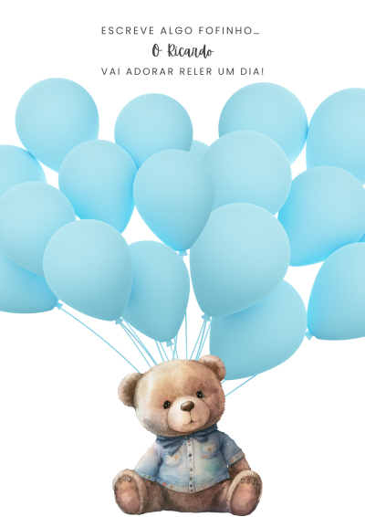 Urso de pelúcia com camisa azul e balões azuis com texto em português