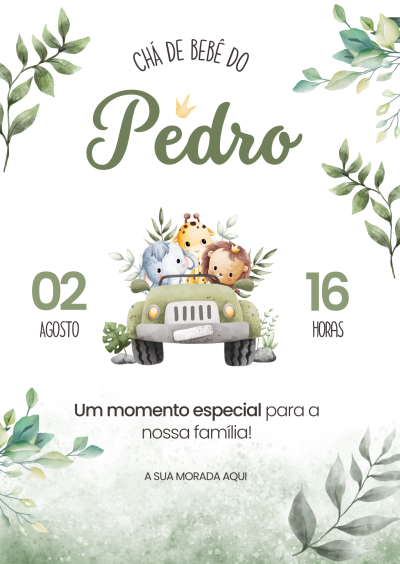 Convite para chá de bebé do Pedro com animais num jipe e detalhes em verde