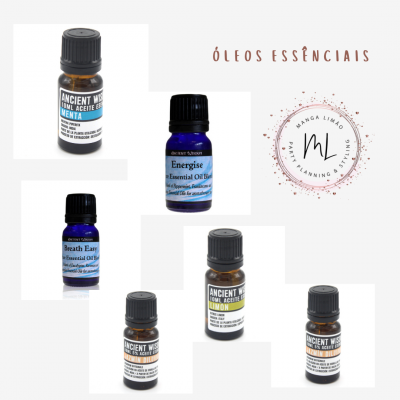 Seis frascos de óleo essencial de vidro com rótulos variados e texto ÓLEOS ESSENCIAIS