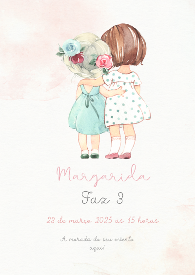 Convite de aniversário com ilustração de duas meninas de costas abraçadas