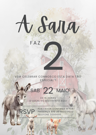 Convite de aniversário infantil com animais de quinta e texto em português europeu