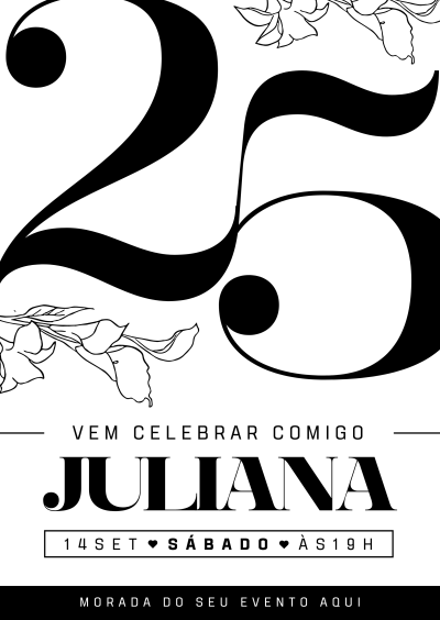 Cartaz de aniversário com número 25 e texto de convite