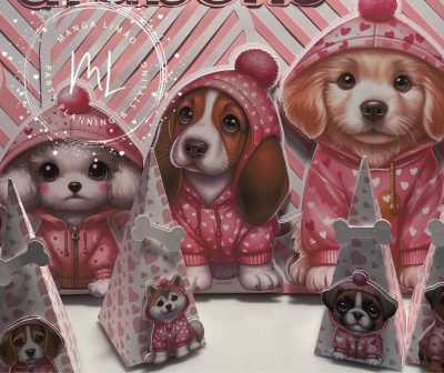 Três cães com roupas cor-de-rosa com capuz e pompons e decorações triangulares rosas com corações