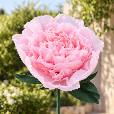 Flor artificial cor-de-rosa em papel crepe com folhas verdes em fundo exterior desfocado