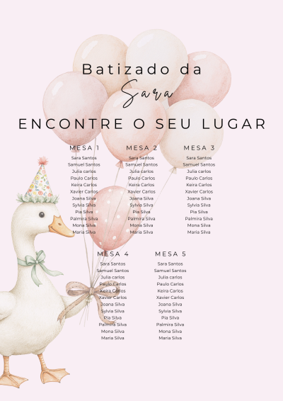 Quadro de batizado com lista de assentos, balões cor de rosa e bege, e ganso ilustrado com chapéu de festa.