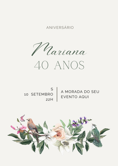 Convite de aniversário com texto e ilustração de flores e pássaros