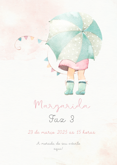 Convite de aniversário infantil com ilustração de menina com guarda-chuva e texto em português