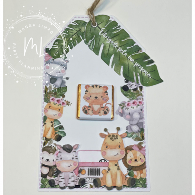 Etiqueta decorativa Safari com animais desenhados e texto Obrigado pela tua presença