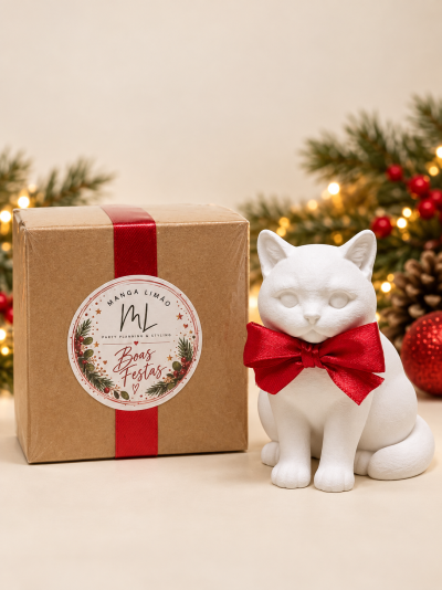 Caixa de cartão castanha com fita vermelha e etiqueta decorativa ao lado de estatueta branca de gato com laço vermelho