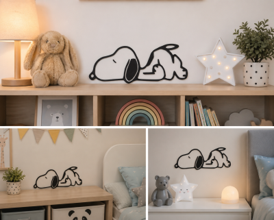 Decoração infantil com luz de parede Snoopy, peluches, lâmpada de madeira, arco-íris em tons pastéis e livros