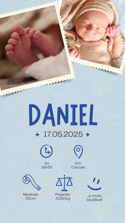 Anúncio de nascimento do bebé Daniel com fotos e detalhes do nascimento