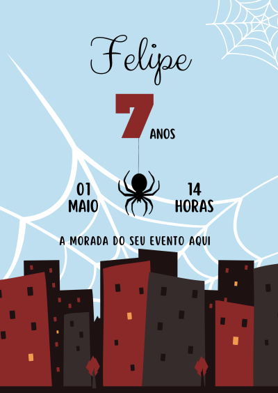 Convite de aniversário com aranha pendurada em teia sobre prédios vermelhos e pretos