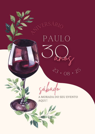 Convite de aniversário com taça de vinho tinto e folhas verdes em fundo vinho e creme
