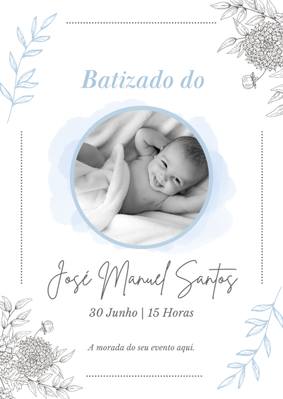 Convite para batizado com foto de bebê e texto em português