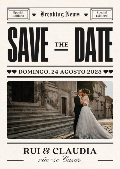 Convite de casamento em estilo jornal com data e nomes e foto de casal vestido para casamento