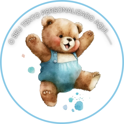 Imagem redonda de urso de pelúcia com jardineira azul e texto personalizado no topo