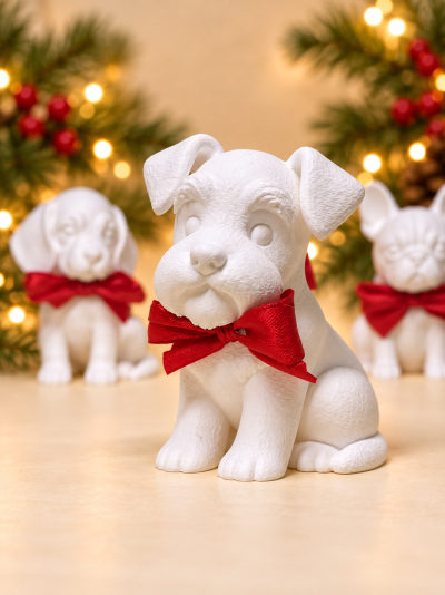 Três estatuetas de cães brancos com laços vermelhos em decoração natalícia