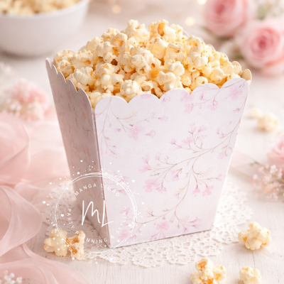 Caixa de pipocas com padrão floral em fundo branco, sobre toalha rendada e decoração rosa