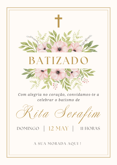 Convite de batismo com flores cor-de-rosa, cruz dourada e texto em tons dourados e pretos