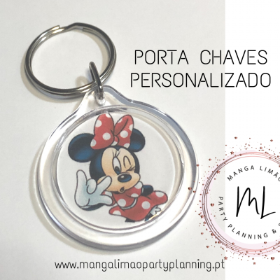 Porta chaves redondo transparente com imagem da Minnie Mouse e texto promocional