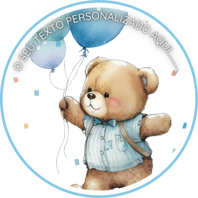 Etiqueta redonda com urso castanho a segurar balões azuis