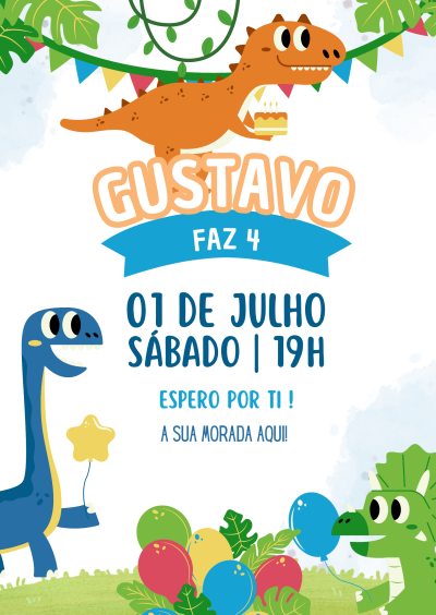 Convite de aniversário infantil com dinossauros e balões coloridos