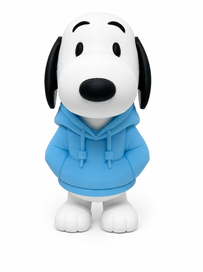 Figura de Snoopy com casaco azul em fundo branco