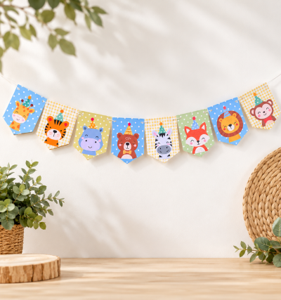 Guirlanda de bandeirolas com desenhos de animais de festa num ambiente com mesa de madeira e plantas