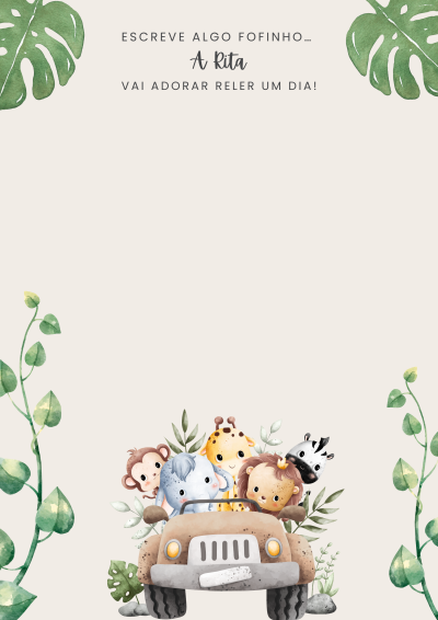 Folha decorativa com animais em jipe e texto em português