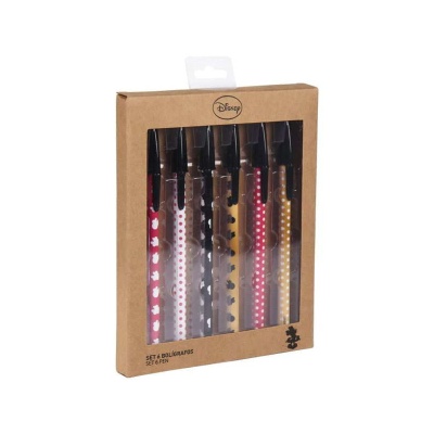 Conjunto de 6 esferográficas Disney com padrões coloridos numa caixa de cartão castanho.