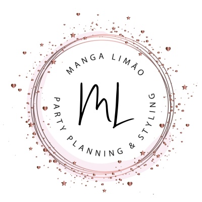 Logótipo circular rosa metálico com texto MANGA LIMÃO e PARTY PLANNING & STYLING