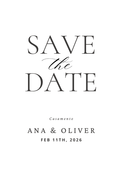 Convite de casamento 'Save the Date' com texto preto em fundo branco