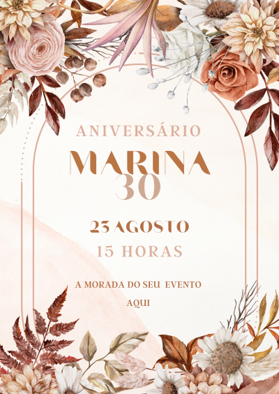 Convite de aniversário decorado com flores secas e texto dourado e castanho