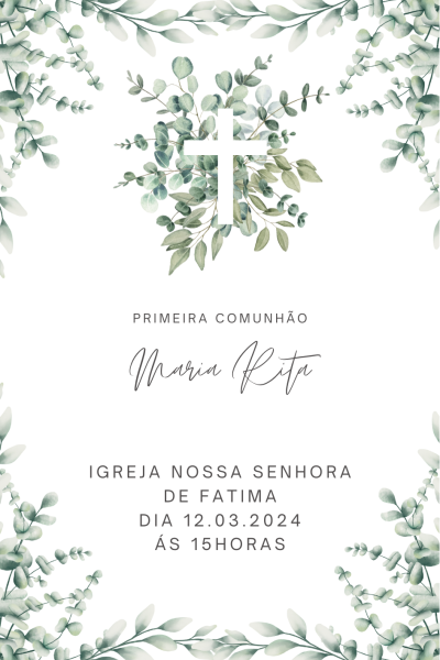 Convite de comunhão com cruz e folhas verdes em fundo branco