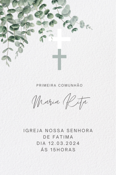 Convite para Primeira Comunhão com decoração de folhas verdes e texto em português
