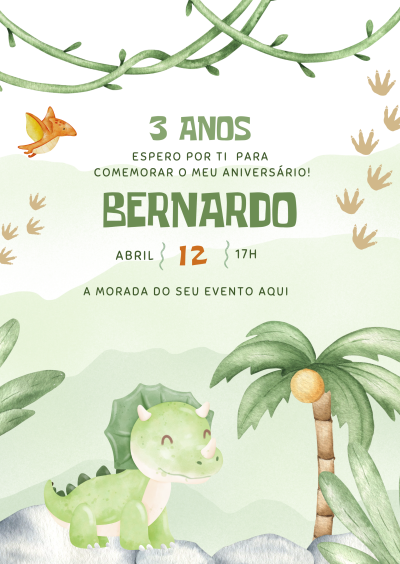 Convite de aniversário infantil com dinossauro e elementos da natureza em tons verdes