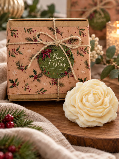 Caixa de presente natalícia com padrão de folhas e bagas, etiqueta Boas Festas, e vela em forma de flor creme.