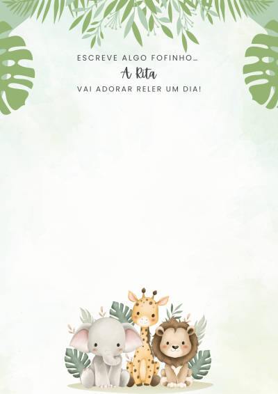 Fundo verde água com folhagens, texto em português e ilustração de elefante, girafa e leão