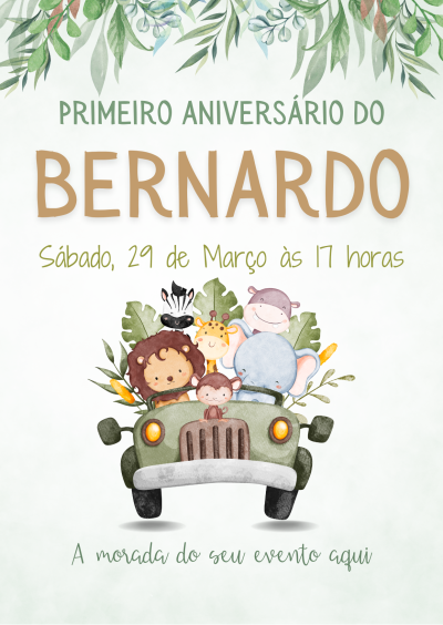 Convite de aniversário com animais do safari no jipe verde e decoração de folhas