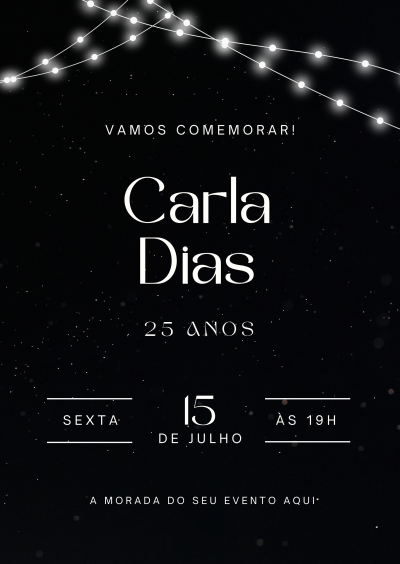 Convite de aniversário em fundo preto com texto branco e luzes decorativas