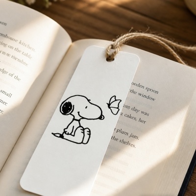 Marcador de página branco com desenho do Snoopy a olhar para uma borboleta colocado num livro aberto
