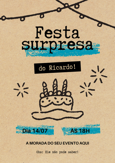 Convite de festa surpresa com bolo e decoração de luzes