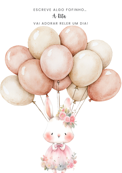 Coelho com balões e texto em português