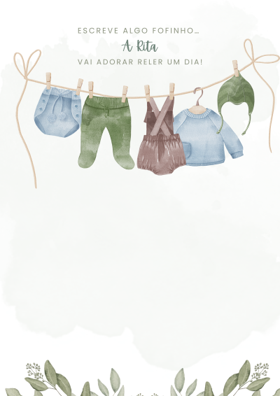 Roupa de bebé pendurada num estendal com texto acima e fundo branco com folhas verdes em baixo
