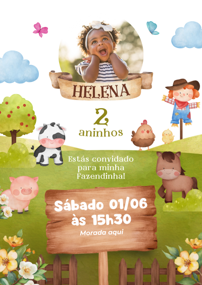 Convite de aniversário infantil com tema de fazenda e fotografia de menina sorridente no topo