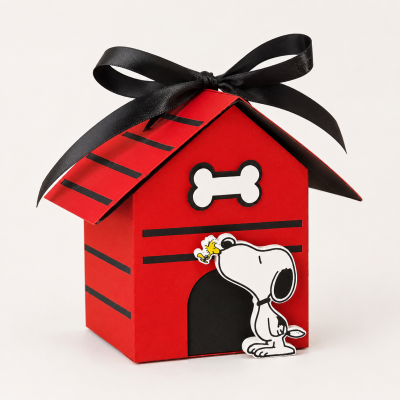 Caixa de presente vermelha em forma de casa para cães com laço preto e personagens Snoopy e Woodstock