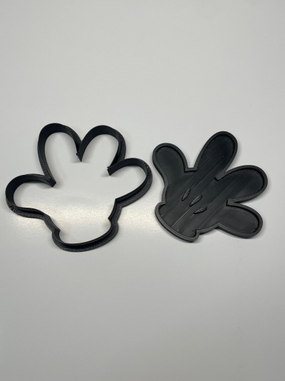 Dois cortadores de bolachas pretos em forma de mão cartoon numa superfície branca