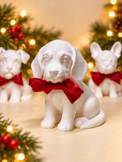 Estatuetas de cães brancos com laços vermelhos em ambiente de Natal